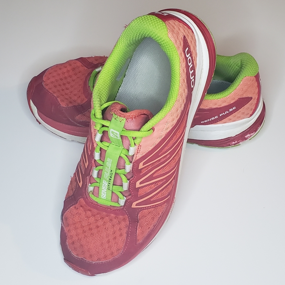 Salomon Sense City Trail women's red and bright green athletic sneakers size 10
